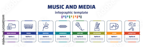 infographic template with icons and 8 options or steps. infographic for music and media concept. included image archive, organ, bagpipes, harmonica, hand mic, metronome, album, octave clef icons.