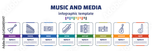 infographic template with icons and 8 options or steps. infographic for music and media concept. included balalaika, panpipe, whole, keytar, alto clef, crotchet, mandolin, minim icons.