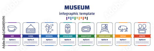 infographic template with icons and 8 options or steps. infographic for museum concept. included cafe, closed, botanical, african mask, museum ticket, museum canvas, buffalo, remains icons.