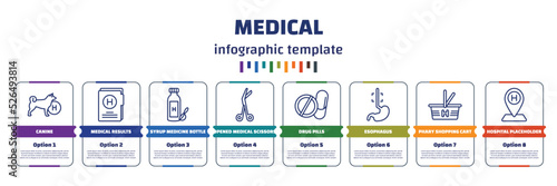 infographic template with icons and 8 options or steps. infographic for medical concept. included canine, medical results folders, syrup medicine bottle, opened medical scissors, drug pills,