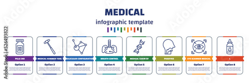 infographic template with icons and 8 options or steps. infographic for medical concept. included pills jar, medical hammer tool, molecular configuration, breath control, medical chain of dna,