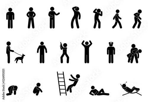 stick figure icon man, isolated pictograms of people, human poses and gestures, stickman standing, sitting, walking