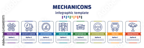 infographic template with icons and 8 options or steps. infographic for mechanicons concept. included pistons cross, bus with a compass, car speedometer, repairing car, rectangular car, steering