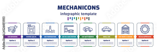 infographic template with icons and 8 options or steps. infographic for mechanicons concept. included car repairing, change car oil, car temperature, in a gas station, with wrench, small inside a