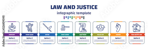 infographic template with icons and 8 options or steps. infographic for law and justice concept. included innocent, crime scene, baton, case closed, law paper, police hat, corpse, real estate law