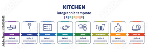 infographic template with icons and 8 options or steps. infographic for kitchen concept. included dishes, skimmer, molded, broiler, mould, measuring cup, apron, coffee pot icons.