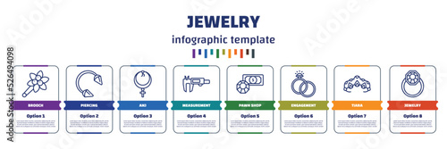 infographic template with icons and 8 options or steps. infographic for jewelry concept. included brooch, piercing, anj, measurement, pawn shop, engagement, tiara, jewelry icons.