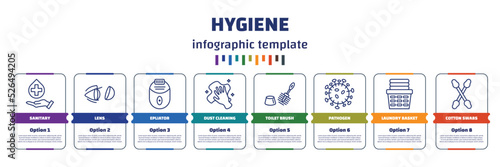 infographic template with icons and 8 options or steps. infographic for hygiene concept. included sanitary, lens, epliator, dust cleaning, toilet brush, pathogen, laundry basket, cotton swabs icons.
