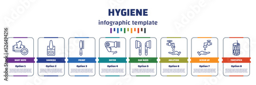 infographic template with icons and 8 options or steps. infographic for hygiene concept. included baby wipe, varnish, primp, dryer, ear buds, ablution, scrub up, toothpick icons.