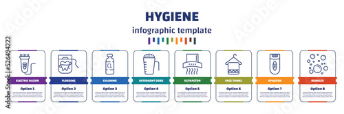 infographic template with icons and 8 options or steps. infographic for hygiene concept. included electric razor, flossing, chlorine, detergent dose, extractor, face towel, epilator, bubbles icons.