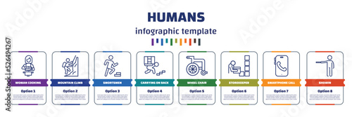 infographic template with icons and 8 options or steps. infographic for humans concept. included woman cooking, mountain climb, smortsmen, carrying on back, wheel chair, storekeeper, smartphone