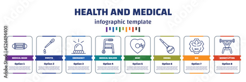 infographic template with icons and 8 options or steps. infographic for health and medical concept. included medical mask, pipette, emergency, medical walker, beat, enema, bio, weightlifting icons.