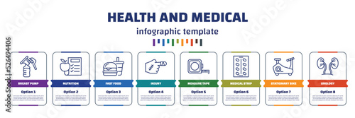 infographic template with icons and 8 options or steps. infographic for health and medical concept. included breast pump, nutrition, fast food, injury, measure tape, medical strip, stationary bike,