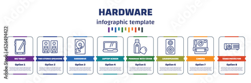 infographic template with icons and 8 options or steps. infographic for hardware concept. included big tablet, two stereo speakers, harddrive, laptop screen, pendrive with cover, loudspeakers,