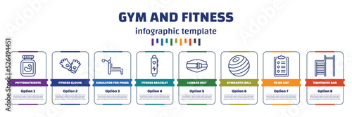 infographic template with icons and 8 options or steps. infographic for gym and fitness concept. included phytonutrients, fitness gloves, simulator for press, fitness bracelet, lumbar belt,