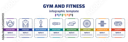 infographic template with icons and 8 options or steps. infographic for gym and fitness concept. included elevation mask, fitness body, boxing mannequin, athletic strap, resistance band, weight
