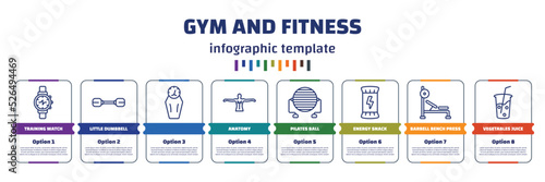 infographic template with icons and 8 options or steps. infographic for gym and fitness concept. included training watch, little dumbbell, , anatomy, pilates ball, energy snack, barbell bench