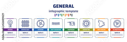 infographic template with icons and 8 options or steps. infographic for general concept. included winning, wooden fence, cd record, party decoration, perforator, rewind time, wolf howling, go green