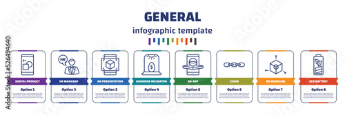 infographic template with icons and 8 options or steps. infographic for general concept. included digital product, hr manager, ar presentation, business incubator, ar app, chain, 3d modeling, eco