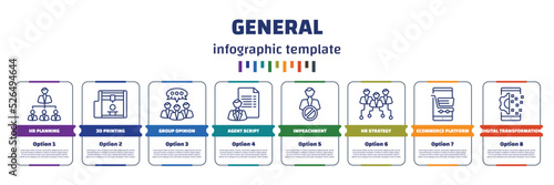 infographic template with icons and 8 options or steps. infographic for general concept. included hr planning, 3d printing, group opinion, agent script, impeachment, hr strategy, ecommerce platform,