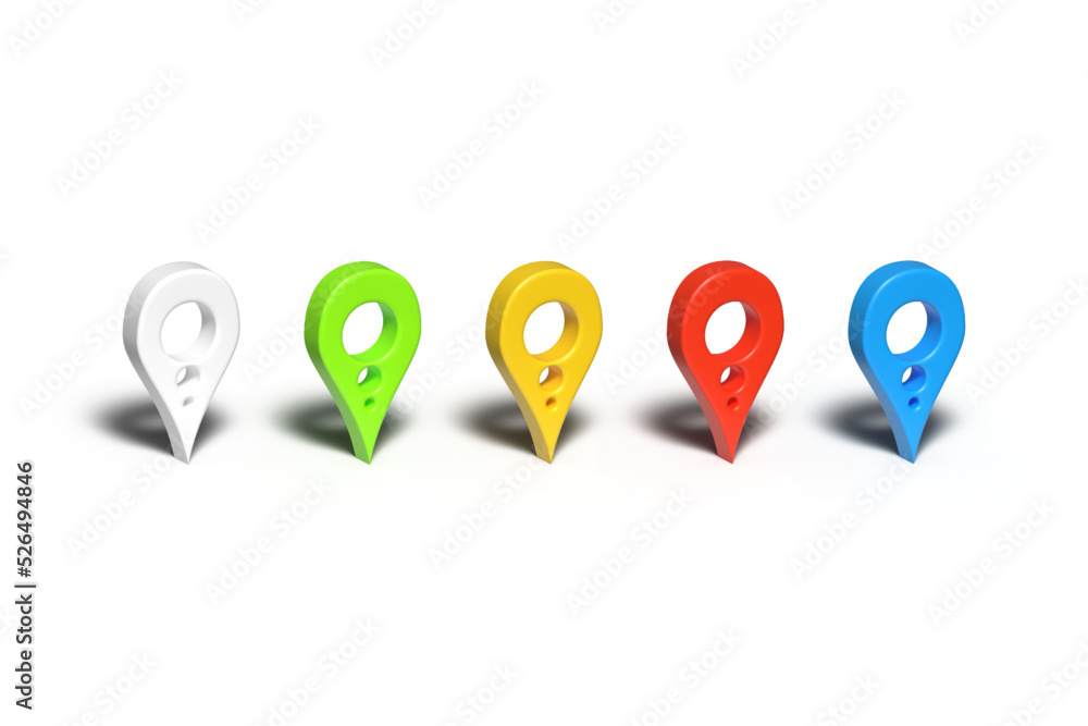 A set of five 3D multi-colored signposts for cartography, route planning and geolocation. Vector illustration with shadow isolated on white background. A set of five 3D multi-colored signposts for cartography, route planning and geolocation. Vector illustration with shadow isolated on white background.
