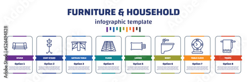 infographic template with icons and 8 options or steps. infographic for furniture & household concept. included divan, coat stand, gateleg table, floor, linens, bidet, table clock, towel icons.