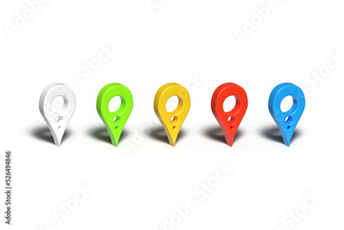 A set of five 3D multi-colored signposts for cartography, route planning and geolocation. Vector illustration with shadow isolated on white background.