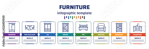 infographic template with icons and 8 options or steps. infographic for furniture concept. included wardrobe, table with chair, clo, shelves, bed, armchair, bookshelve, kitchen sink icons.