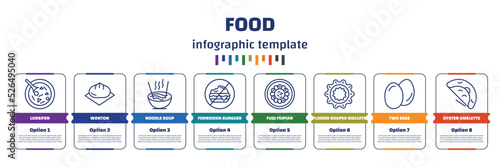 infographic template with icons and 8 options or steps. infographic for food concept. included luosifen, wonton, noodle soup, forbidden burguer, fuqi feipian, flower shaped biscuits, two eggs,