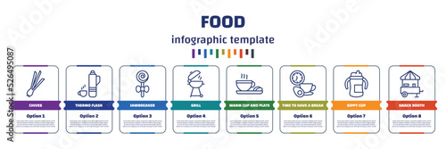 infographic template with icons and 8 options or steps. infographic for food concept. included chives, thermo flask, jawbreaker, grill, warm cup and plate, time to have a break, sippy cup, snack