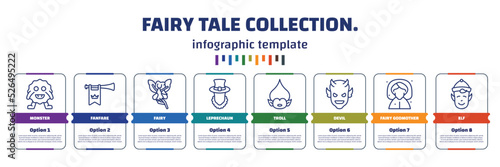 infographic template with icons and 8 options or steps. infographic for fairy tale collection. concept. included monster, fanfare, fairy, leprechaun, troll, devil, fairy godmother, elf icons.