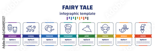 infographic template with icons and 8 options or steps. infographic for fairy tale concept. included antagonist, chimera, pinocchio, protagonist, ghost, vampire, mermaid, wizard icons.