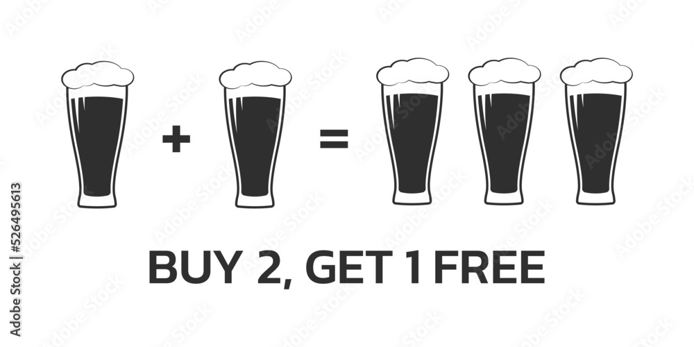 Beer loyalty card design template. Buy 2 beer glasses and get 1 for free. Bar, pub promotion concept. Vector illustration. Beer loyalty card design template. Buy 2 beer glasses and get 1 for free. Bar, pub promotion concept. Vector illustration.