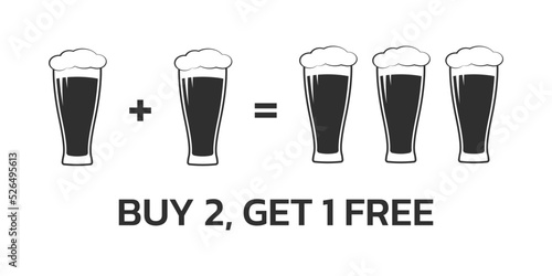 Beer loyalty card design template.  Buy 2 beer glasses and get 1 for free. Bar, pub promotion concept. Vector illustration.