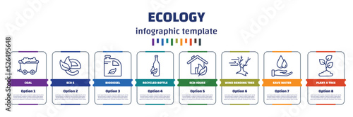 infographic template with icons and 8 options or steps. infographic for ecology concept. included coal, eco e, biodiesel, recycled bottle, eco house, wind bending tree, save water, plant a tree