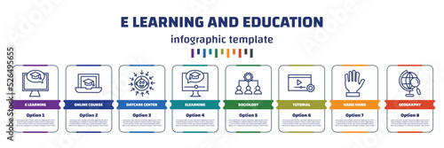 infographic template with icons and 8 options or steps. infographic for e learning and education concept. included e learning, online course, daycare center, elearning, sociology, tutorial, raise