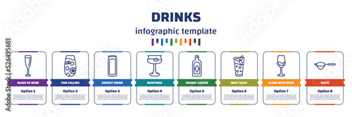 infographic template with icons and 8 options or steps. infographic for drinks concept. included glass of wine, tom collins, energy drink, martinez, herbal liquor, mint julep, glass with wine, sieve