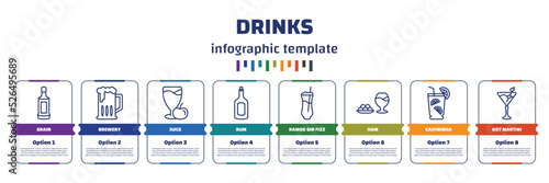 infographic template with icons and 8 options or steps. infographic for drinks concept. included grain, brewery, juice, rum, ramos gin fizz, ham, caipirinha, 007 martini icons.