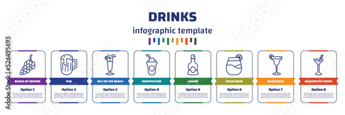 infographic template with icons and 8 options or steps. infographic for drinks concept. included bunch of grapes, pub, sex on the beach, frappuccino, liquor, pisco sour, margarita, manhattan drink