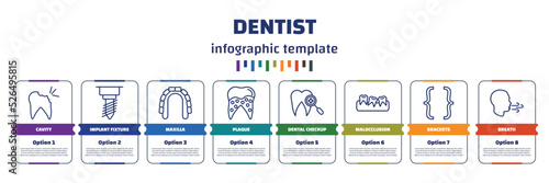 infographic template with icons and 8 options or steps. infographic for dentist concept. included cavity, implant fixture, maxilla, plaque, dental checkup, malocclusion, brackets, breath icons.