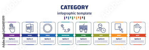 infographic template with icons and 8 options or steps. infographic for category concept. included clicker, word, circle, navigation, typing, busy, select, hold icons.