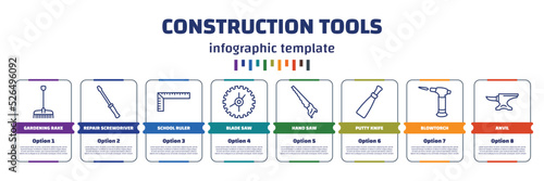 infographic template with icons and 8 options or steps. infographic for construction tools concept. included gardening rake, repair screwdriver, school ruler, blade saw, hand saw, putty knife,