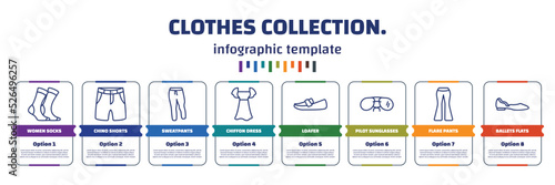 infographic template with icons and 8 options or steps. infographic for clothes collection. concept. included women socks, chino shorts, sweatpants, chiffon dress, loafer, pilot sunglasses, flare