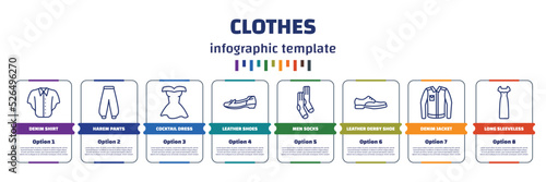 infographic template with icons and 8 options or steps. infographic for clothes concept. included denim shirt, harem pants, cocktail dress, leather shoes, men socks, leather derby shoe, denim
