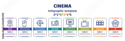 infographic template with icons and 8 options or steps. infographic for cinema concept. included award, drink with straw, movie countdown, dslr camera, 3 dimension screen, television with antenna,