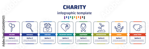 infographic template with icons and 8 options or steps. infographic for charity concept. included ballons, research, cash box, voluntary service, awareness, reforestation, human, heart drop icons.