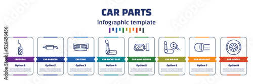 infographic template with icons and 8 options or steps. infographic for car parts concept. included car pedal, car silencer, cowl, bucket seat, wing mirror, air bag, headlight, hubcap icons.