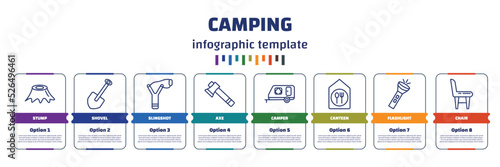 infographic template with icons and 8 options or steps. infographic for camping concept. included stump, shovel, slingshot, axe, camper, canteen, flashlight, chair icons.