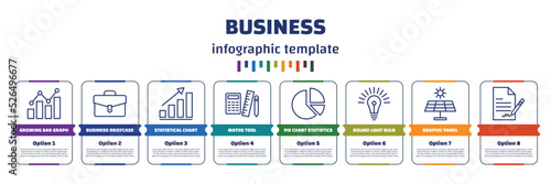 infographic template with icons and 8 options or steps. infographic for business concept. included growing bar graph, business briefcase, statistical chart, maths tool, pie chart statistics, round