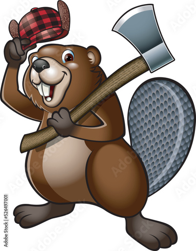 cartoon style lumberjack beaver holding felling axe